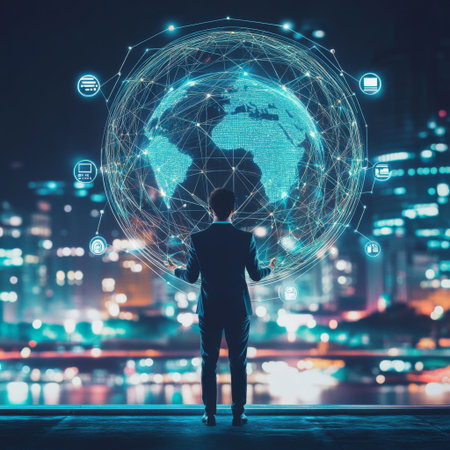 A businessman standing outdoors under a futuristic cityscape, holding a glowing virtual globe connected to metaverse icons and data exchanges.の素材