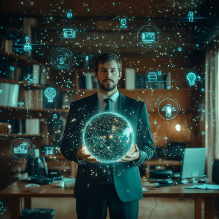 A businessman in a sleek office holding a holographic globe surrounded by icons representing IoT, G, and cloud computing.の素材
