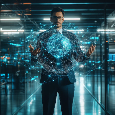 A businessman standing confidently in a futuristic office, holding a floating digital globe surrounded by network lines and glowing dots.の素材