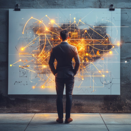A business professional standing in front of a whiteboard, sketching a new idea with glowing lines and geometric shapes emerging from the board.の素材