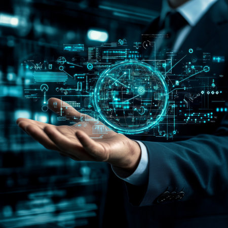 A businessman extending his hand to showcase a floating virtual globe surrounded by digital arrows and connectivity symbols.の素材