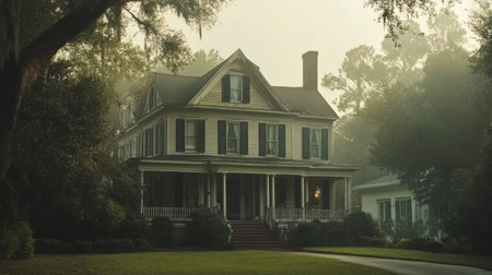 A charming, historic house with a wraparound porch, nestled in a tree-lined neighborhood with a peaceful atmosphere.の素材