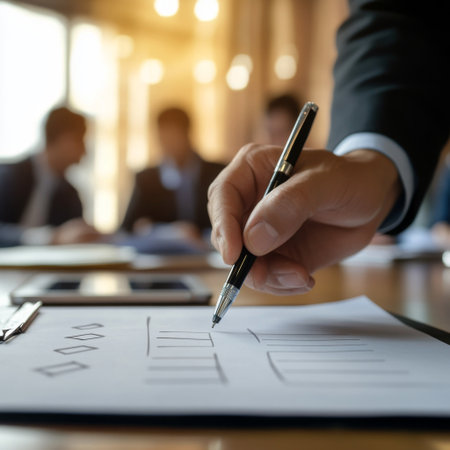 A businessman checking off items on a project approval checklist with a pen, with a blurred office team brainstorming in the background.の素材