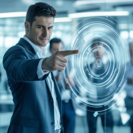A businessman pointing confidently at a digital target symbol in the air, with a blurred team of professionals brainstorming behind him.の素材