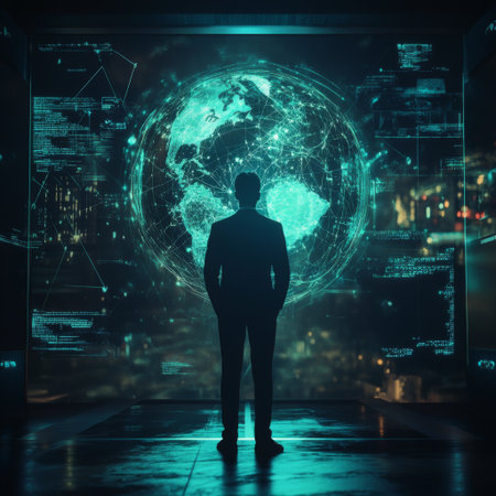 A businessman standing in a dimly lit room illuminated by a holographic globe and ARVR visuals symbolizing the global metaverse network.の素材