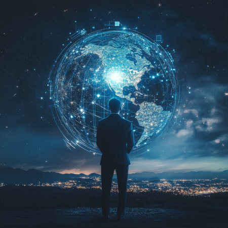 A businessman standing outdoors at night, holding a glowing holographic globe with stars and technology visuals around him.の素材