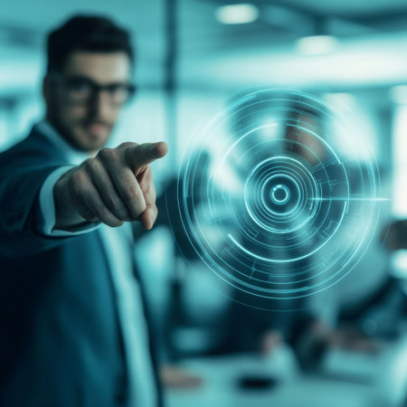 A businessman pointing confidently at a digital target symbol in the air, with a blurred team of professionals brainstorming behind him.の素材