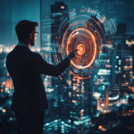 A businessman standing outdoors, pointing to a target concept on a holographic screen, with a cityscape in the background.の素材