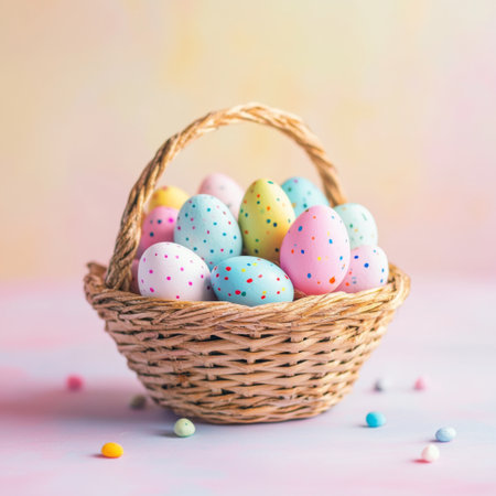 A close-up of a beautifully woven Easter basket overflowing with colorful, hand-painted Easter eggs, set on a soft, pastel-colored background.の素材