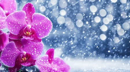 A bright purple orchid with tiny water droplets on its soft petals, captured against a natural blurred background.の素材