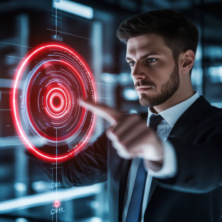 A businessman pointing to a glowing red target symbol on a futuristic display, with a confident expression and a professional office setting.の素材