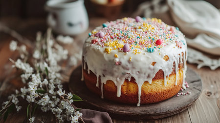 A close-up of a beautifully decorated Easter Kulich cake with white glaze, colorful sprinkles, and delicate willow branches placed beside it on a wooden table.の素材