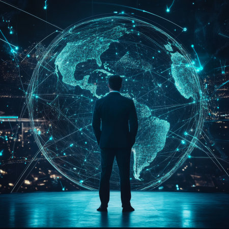 A businessman in a dark room illuminated by a vibrant holographic Earth with glowing network connections radiating outward.の素材