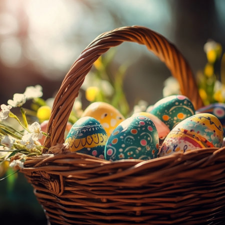 A close-up of a beautifully crafted Easter basket filled with colorful, hand-painted eggs, with soft sunlight highlighting the textures and patterns.の素材