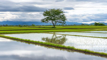 A peaceful landscape featuring a solitary tree standing amidst expansive rice fields, with dramatic clouds overhead creating a beautiful contrastの素材