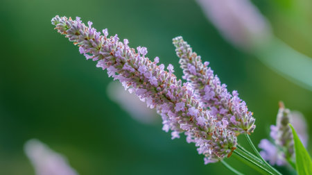 A serene image of a cluster of blooming lavender, with soft purple hues and fine details of the tiny flowers, set against a blurred green background.の素材