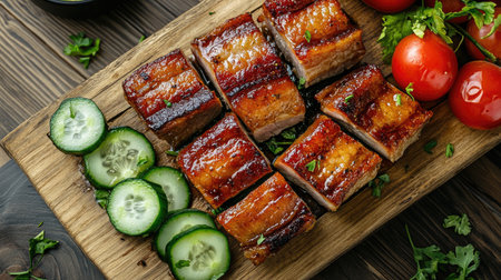 A rustic setting featuring a platter of crispy pork belly, beautifully arranged with slices of cucumber, tomato, and fresh herbs, inviting diners to indulge in this savory dish.の素材