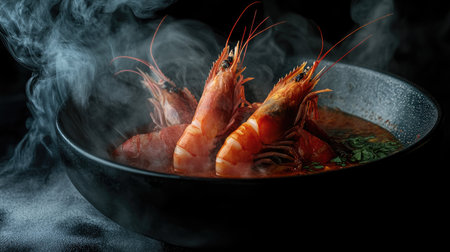 A steaming bowl of spicy shrimp soup set against a backdrop of Thai spices and herbs, emphasizing the rich flavors and culinary heritage of the dishの素材