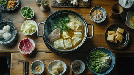 A rustic wooden table set with a hot pot filled with broth, surrounded by various dipping ingredients, capturing the essence of cozy family dinners and shared experiences.の素材