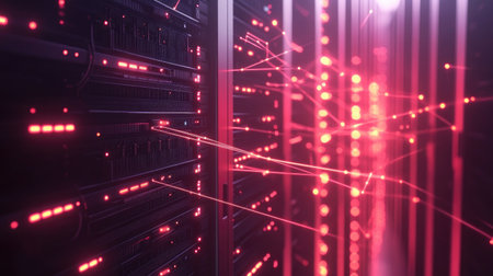 A server room filled with racks of servers, with glowing lines connecting them, symbolizing the backbone of a digital network that powers data transfer and communication.の素材