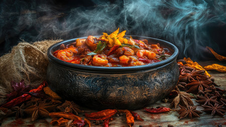 A steaming bowl of spicy shrimp soup set against a backdrop of Thai spices and herbs, emphasizing the rich flavors and culinary heritage of the dishの素材