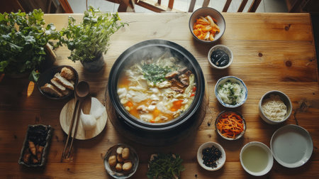 A rustic wooden table set with a hot pot filled with broth, surrounded by various dipping ingredients, capturing the essence of cozy family dinners and shared experiences.の素材
