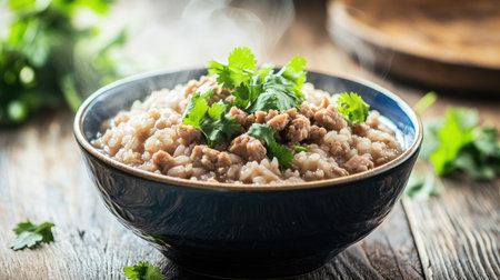 A steaming bowl of rice porridge with minced pork and garnished with fresh cilantro, served on a wooden table, capturing the warmth and comfort of a traditional meal.の素材