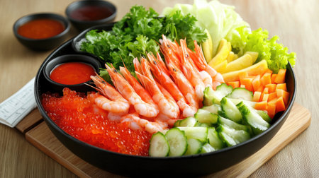A steaming bowl of shrimp in jelly served with dipping sauces, featuring a vibrant mix of colors from fresh vegetables and garnishes, creating an appetizing lookの素材