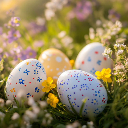 A close-up of hand-painted Easter eggs nestled in a bed of fresh spring flowers, with soft sunlight highlighting the scene.の素材