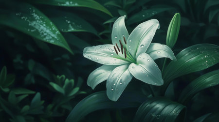 A close-up of a white lily with water droplets on its elegant petals, surrounded by dark green leaves.の素材