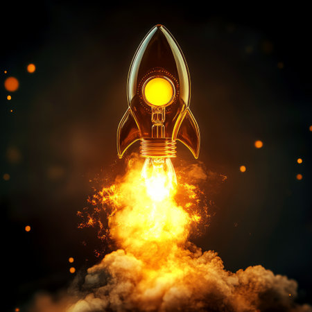 A close-up of a glowing yellow lightbulb designed as a rocket, with fire and smoke streaming out as it takes off, representing creativity and education in business.の素材