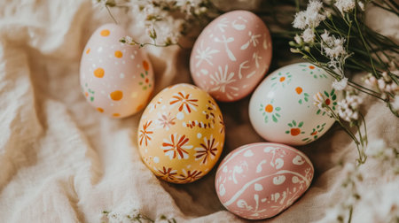 A close-up of beautifully decorated Easter eggs with intricate designs, laid out on a soft linen tablecloth.の素材