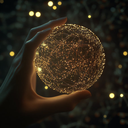 A close-up of a womans hand gently touching a D digital sphere, surrounded by glowing network connections and abstract data points on a dark background.の素材