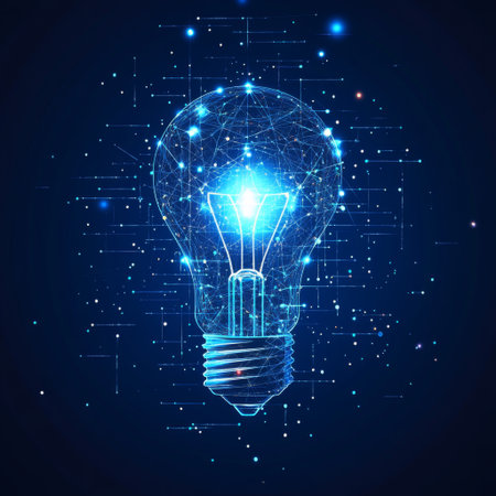 A creative concept of a lightbulb floating in the air with digital particles and abstract shapes, symbolizing the power of innovation and creative thinking.の素材