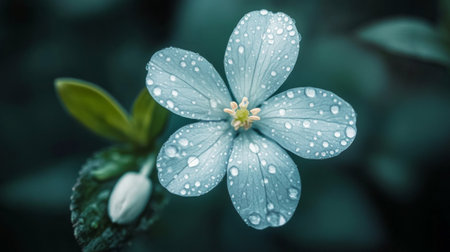 A close-up of a pale bluebell flower with water droplets on its delicate petals, surrounded by fresh greenery.の素材