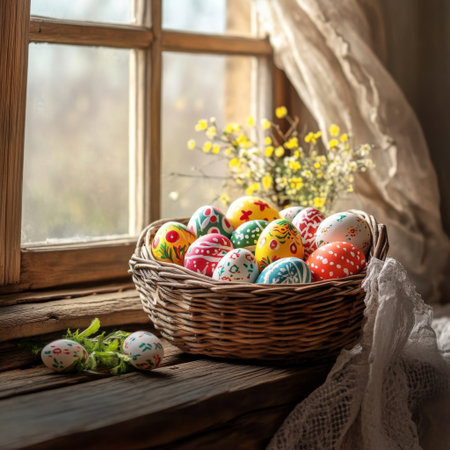 A cozy Easter scene with a wicker basket full of vibrant, hand-painted Easter eggs placed on a rustic wooden table, with a soft light filtering through the window.の素材