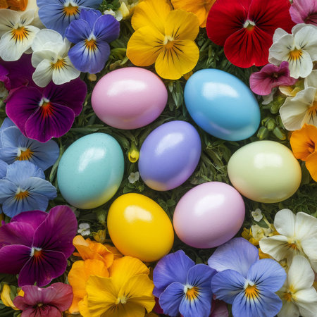 A creative photo of Easter eggs in bright, bold colors surrounded by freshly bloomed spring flowers like pansies and daffodils.の素材