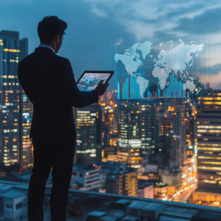 A creative image of a businessman standing on a rooftop, holding a tablet with a world map and graphs showing economic goals.の素材