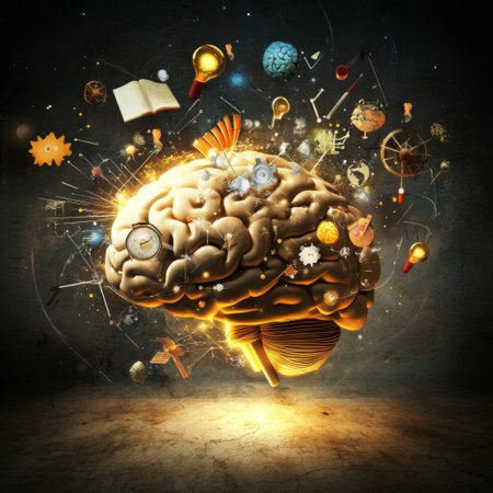 A creative concept of a human brain illuminated with light, surrounded by floating symbols of new ideas, innovation, and inspiration.の素材
