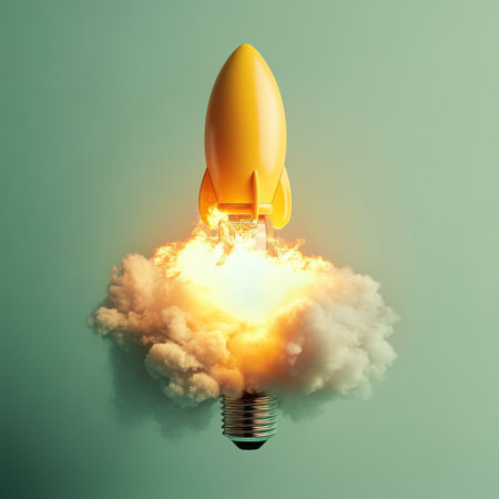 A creative shot of a yellow lightbulb turning into a rocket, launching with flames and smoke against a light green background, symbolizing the start of a new business or idea.の素材