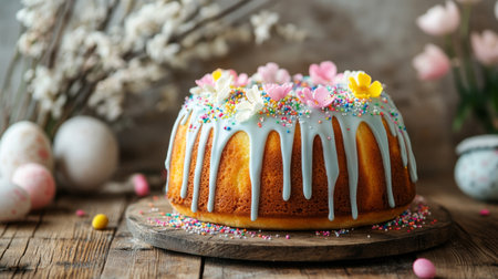 A delicious Easter Kulich cake decorated with colorful icing and sprinkles, accompanied by willow branches and soft spring flowers on a rustic wooden table.の素材