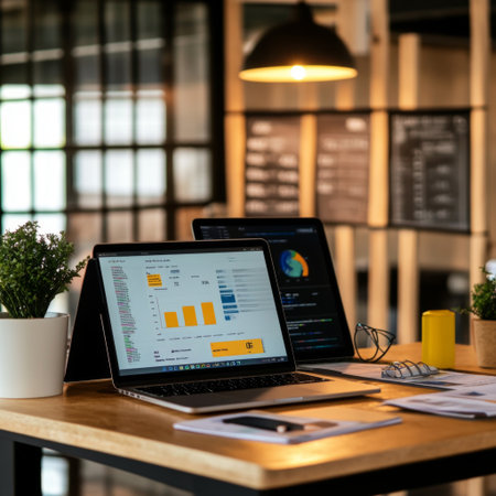 A creative workspace featuring a laptop, smartphone, and an interactive board with financial data, showcasing seamless technology integration.の素材