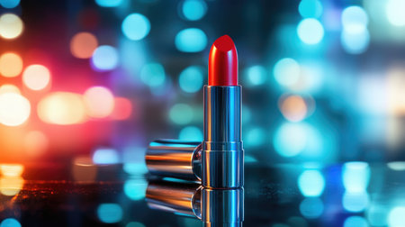 A stylish image of a lipstick tube with a reflective surface, placed on a glass table, with the reflection and background creating a modern and elegant look.の素材