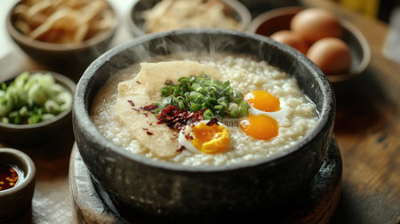 A steamy, comforting bowl of rice porridge on a cold, misty morning, with side dishes of salted eggs, pickled radish, and spicy chili paste completing the scene.の素材