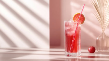 A stylish image of a glass of sparkling soda with a fancy straw and fruit slice, set on a polished table with a minimalistic, modern decor in the background.の素材