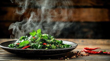 A steaming serving of stir-fried water spinach on a traditional Thai plate, garnished with fresh herbs and chili, set against a rustic kitchen backdropの素材