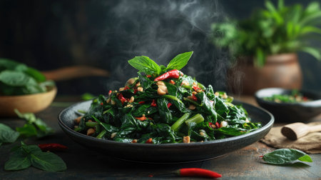 A steaming serving of stir-fried water spinach on a traditional Thai plate, garnished with fresh herbs and chili, set against a rustic kitchen backdropの素材