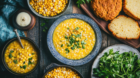 A stylish shot of corn-based dishes like corn chowder and corn bread on a dining table, showcasing the versatility and appeal of corn in different recipes.の素材