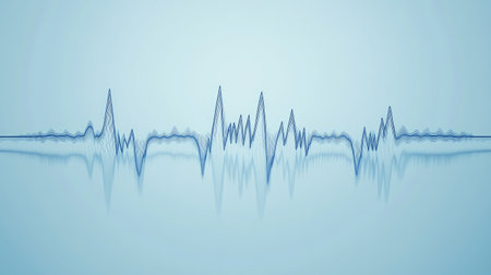A stylized graphic of an EKG heartbeat waveform, showing sharp peaks and valleys, overlaid on a soft blue background, representing health and rhythmの素材