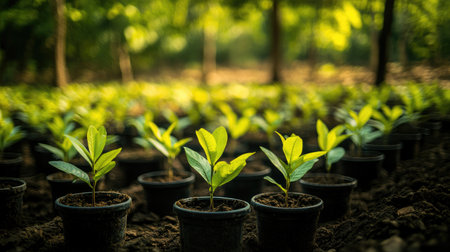 A tranquil image of a small tree nursery, with pots of young plants waiting to be planted, showcasing the preparation for reforestation initiativesの素材